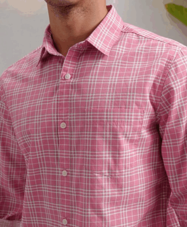 Classic Pink Slim Fit Tartan Checked Spread Collar Cotton Casual Shirt - Image 2
